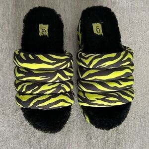 UGG Neon Yellow Black Zebra-Print Quilted Slide Sandals